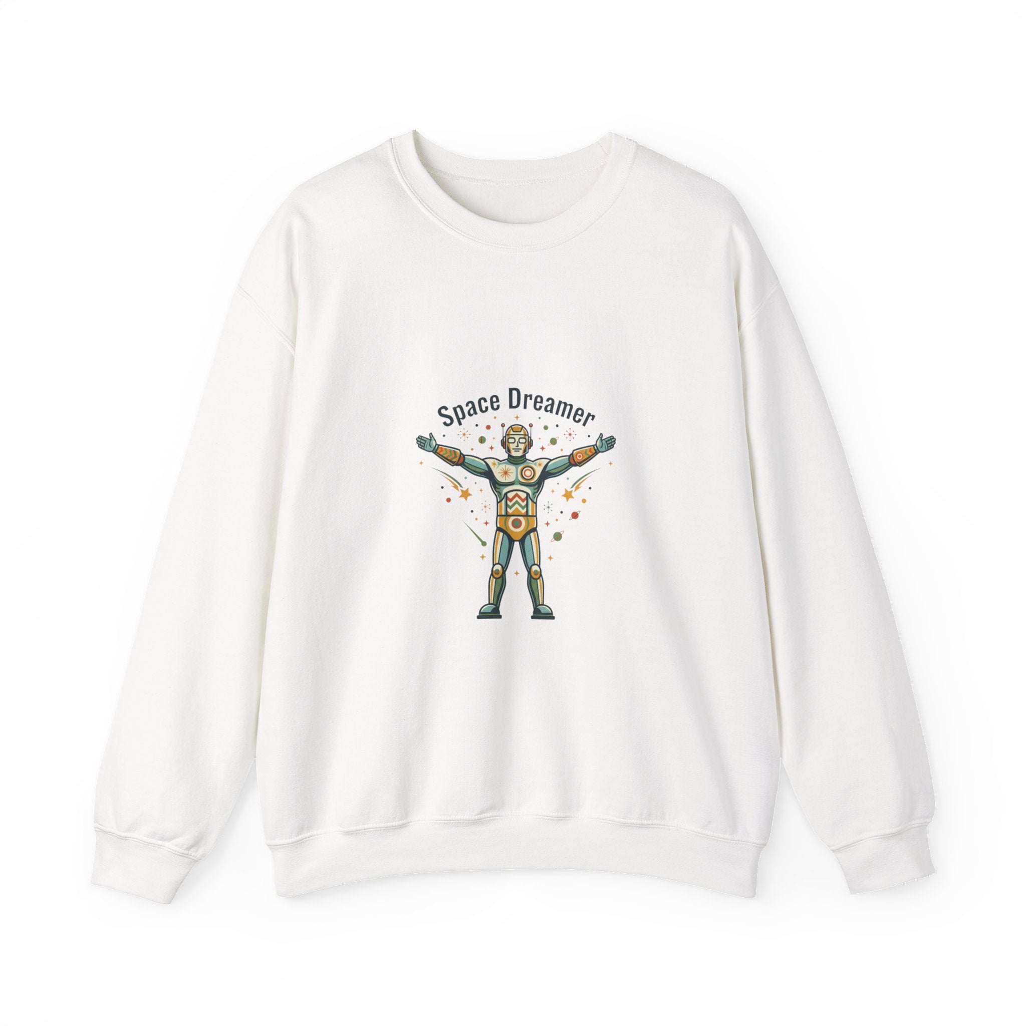 Space Dreamer retro rocket graphic Crewneck | mid-century space art, starburst pattern