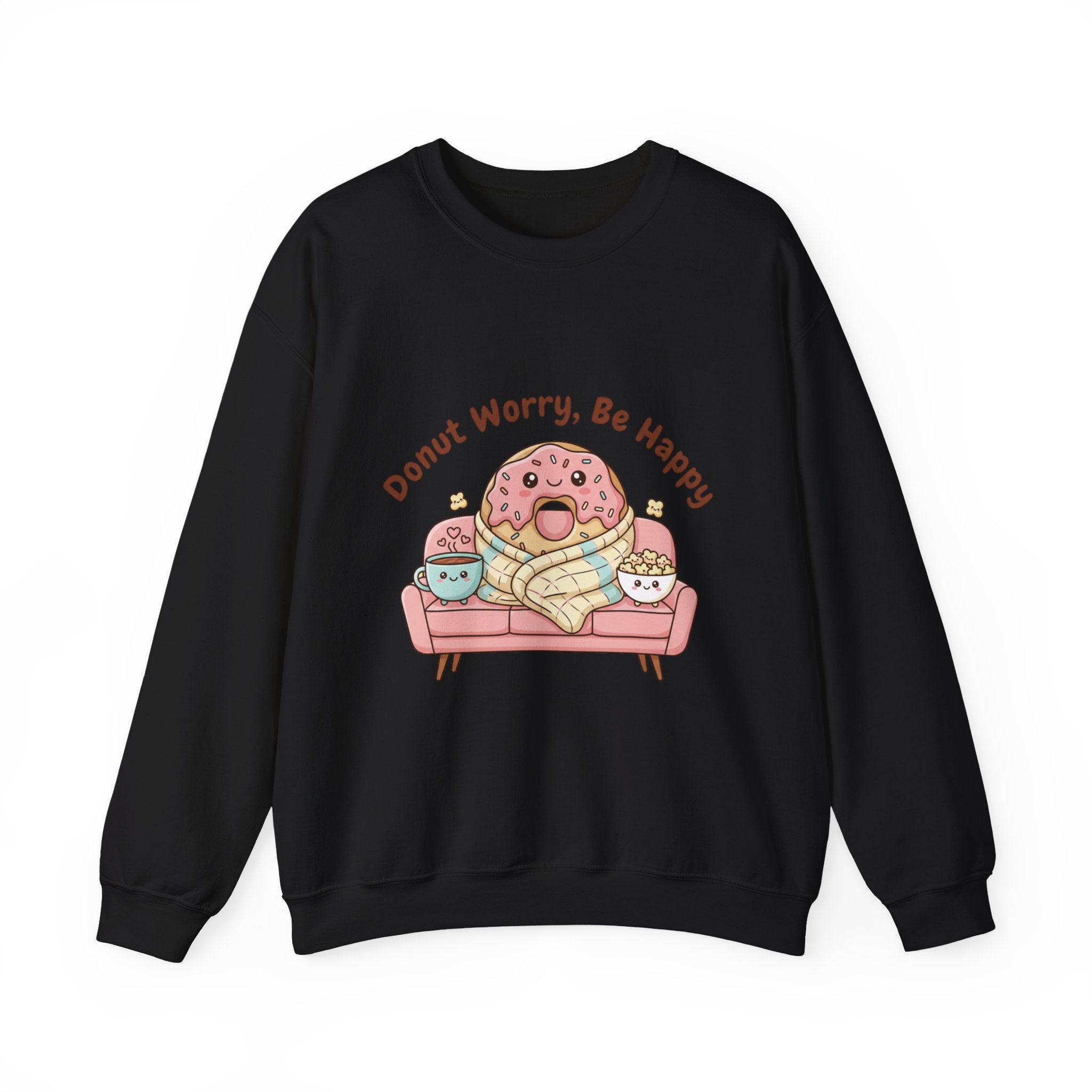Donut Worry Be Happy Sweatshirt | food pun, cozy snack cartoon