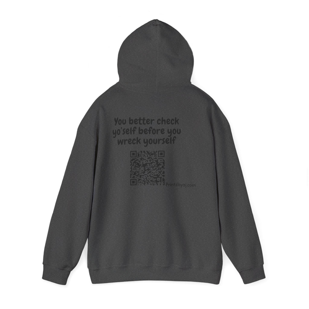 Hoodie — "Check yo' self" Emoji Pullover with QR Code Back