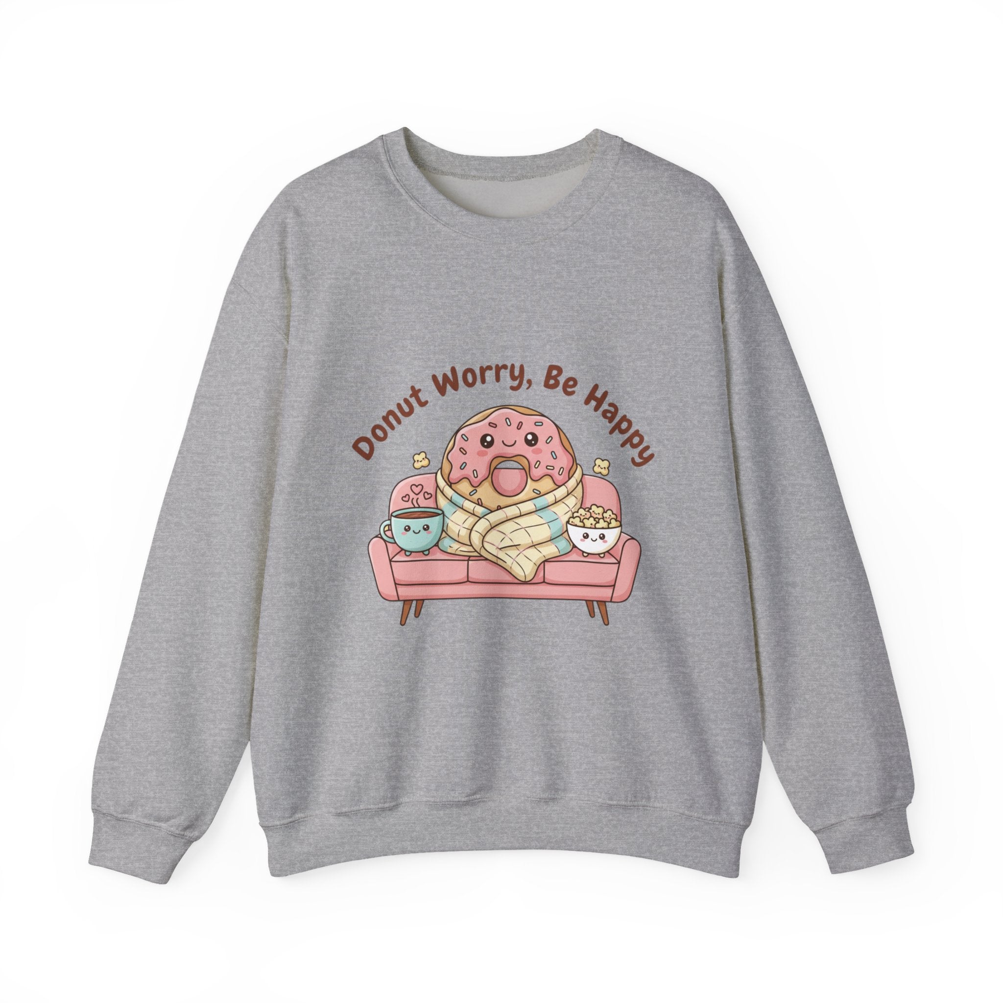 Donut Worry Be Happy Sweatshirt | food pun, cozy snack cartoon