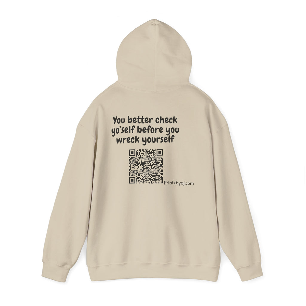 Hoodie — "Check yo' self" Emoji Pullover with QR Code Back