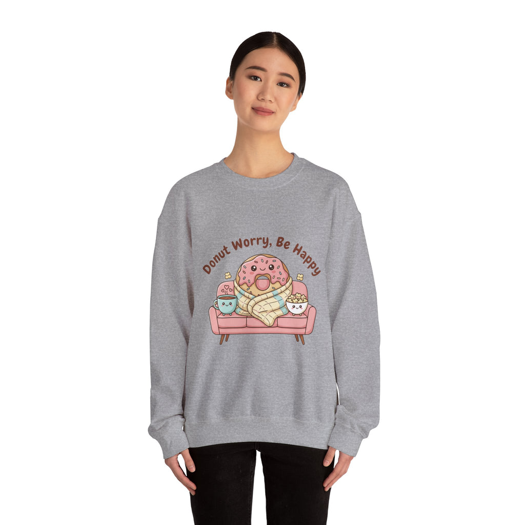 Donut Worry Be Happy Sweatshirt | food pun, cozy snack cartoon