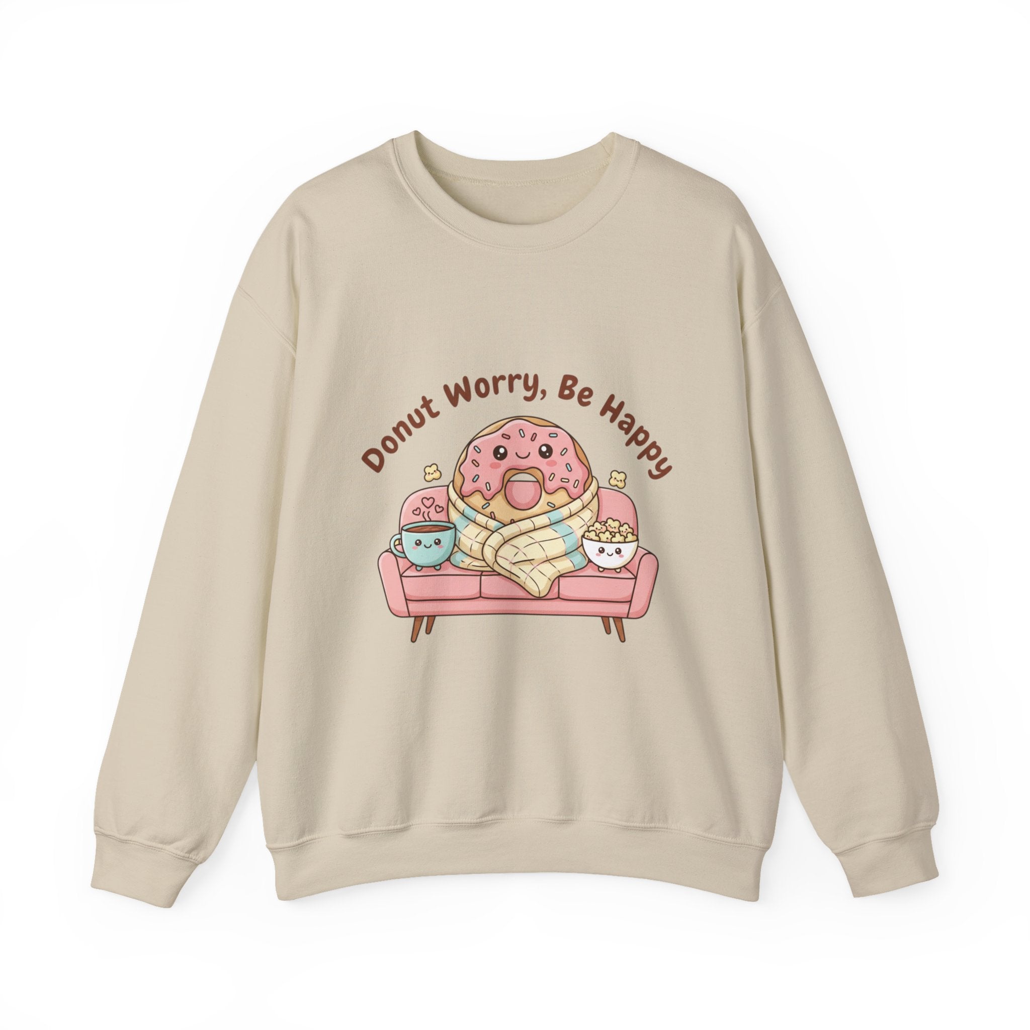 Donut Worry Be Happy Sweatshirt | food pun, cozy snack cartoon