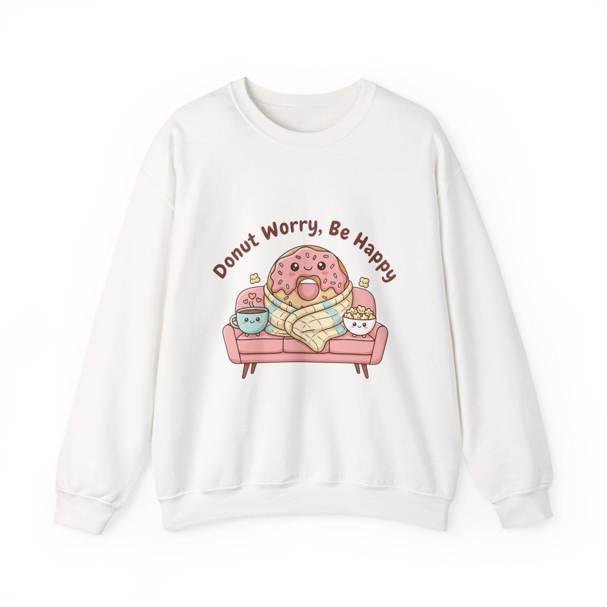 Donut Worry Be Happy Sweatshirt | food pun, cozy snack cartoon