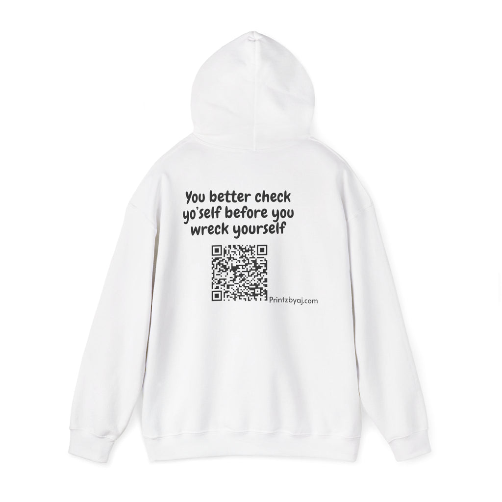 Hoodie — "Check yo' self" Emoji Pullover with QR Code Back