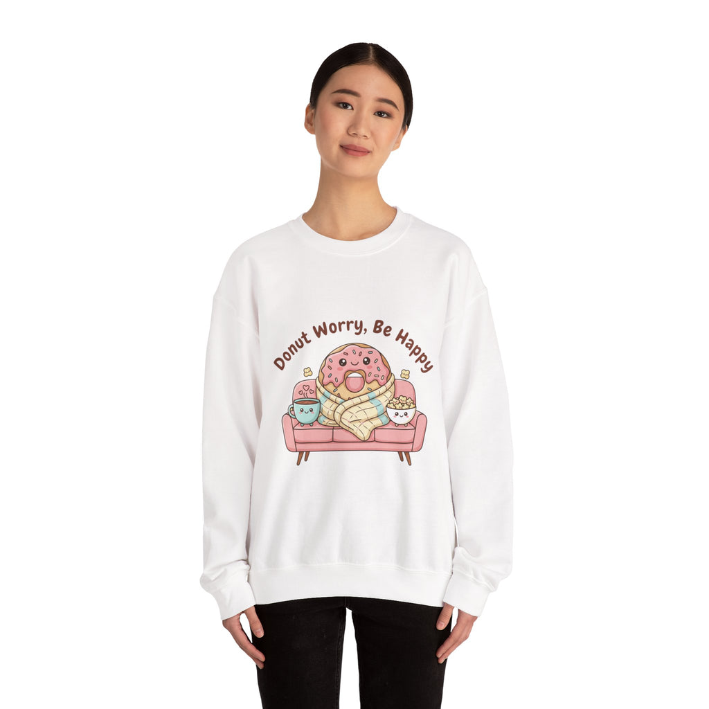 Donut Worry Be Happy Sweatshirt | food pun, cozy snack cartoon
