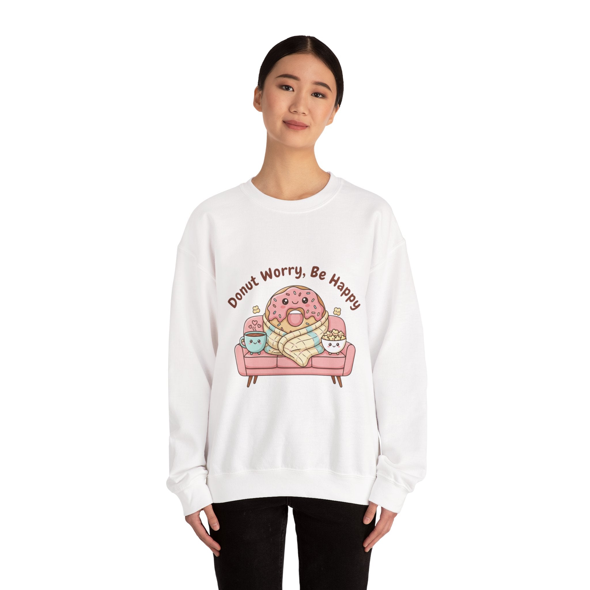 Donut Worry Be Happy Sweatshirt | food pun, cozy snack cartoon