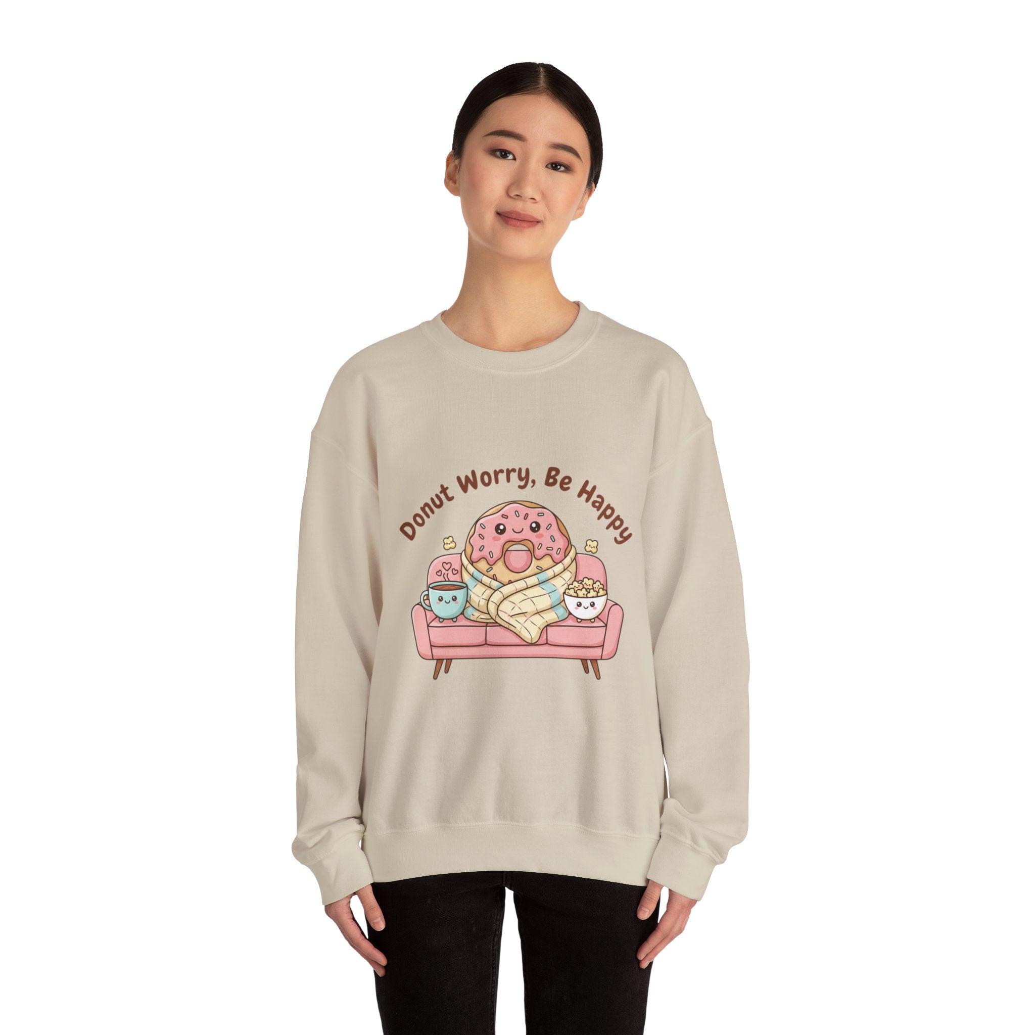 Donut Worry Be Happy Sweatshirt | food pun, cozy snack cartoon