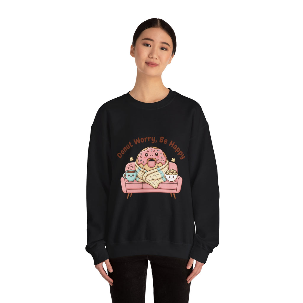 Donut Worry Be Happy Sweatshirt | food pun, cozy snack cartoon