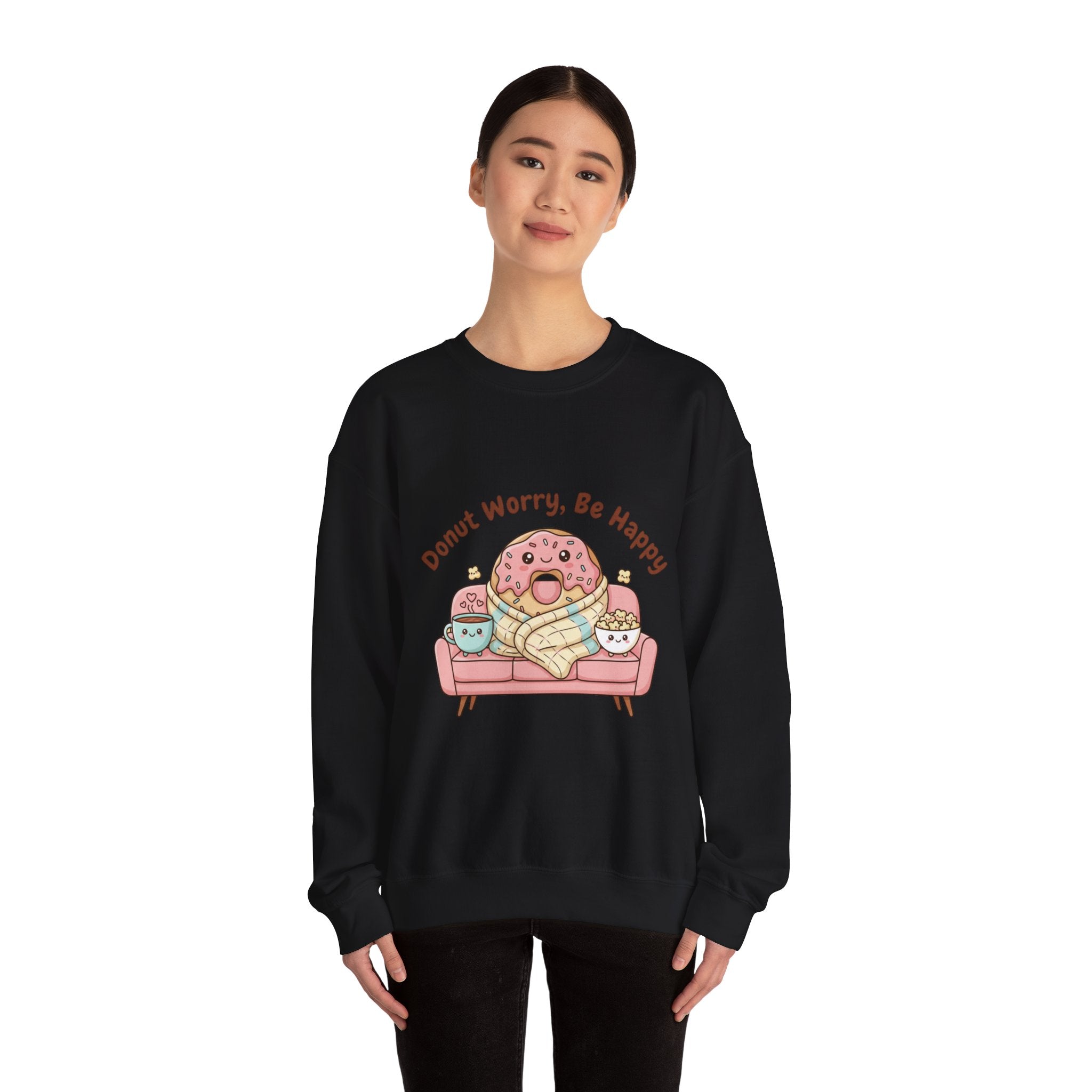 Donut Worry Be Happy Sweatshirt | food pun, cozy snack cartoon