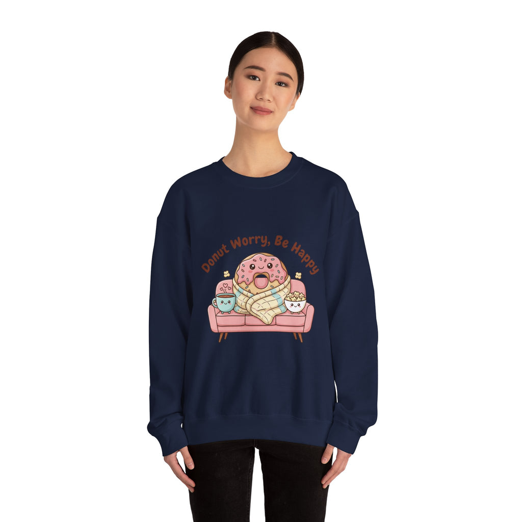 Donut Worry Be Happy Sweatshirt | food pun, cozy snack cartoon