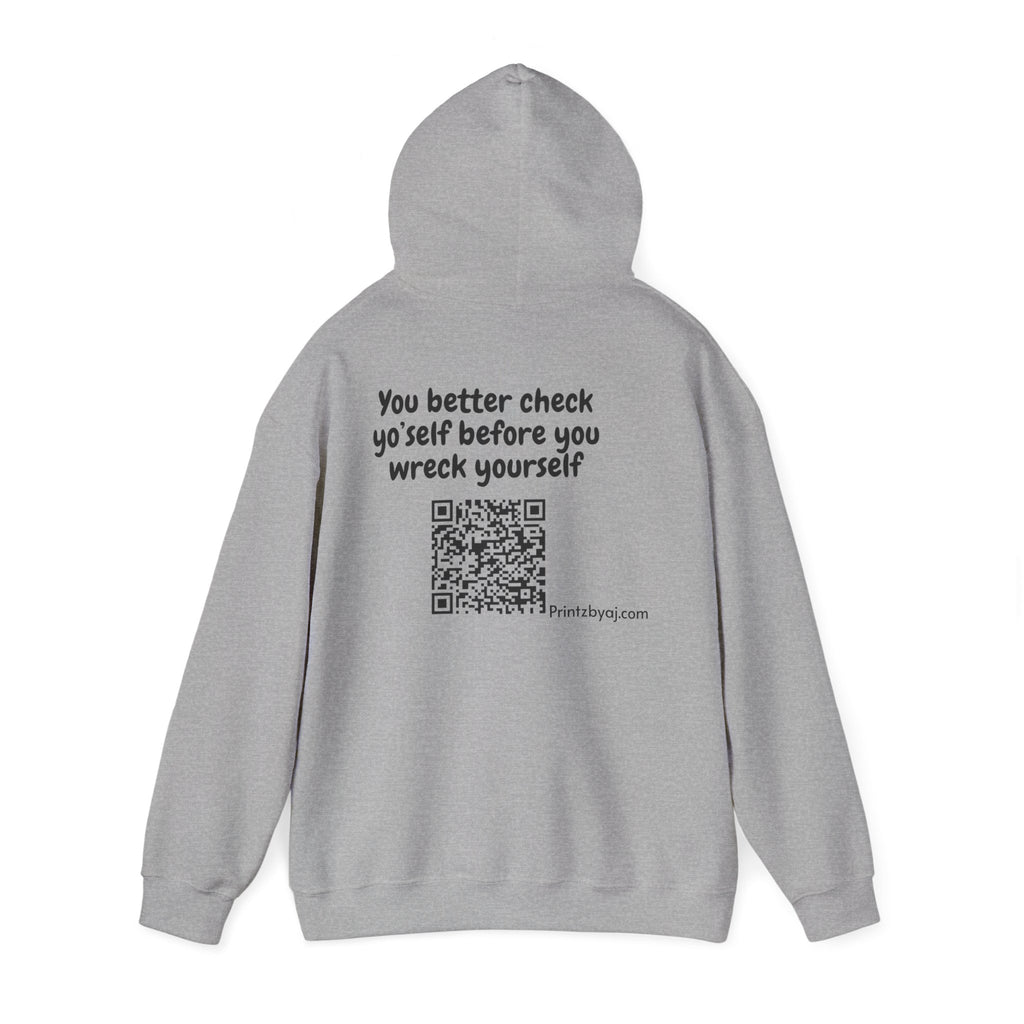 Hoodie — "Check yo' self" Emoji Pullover with QR Code Back