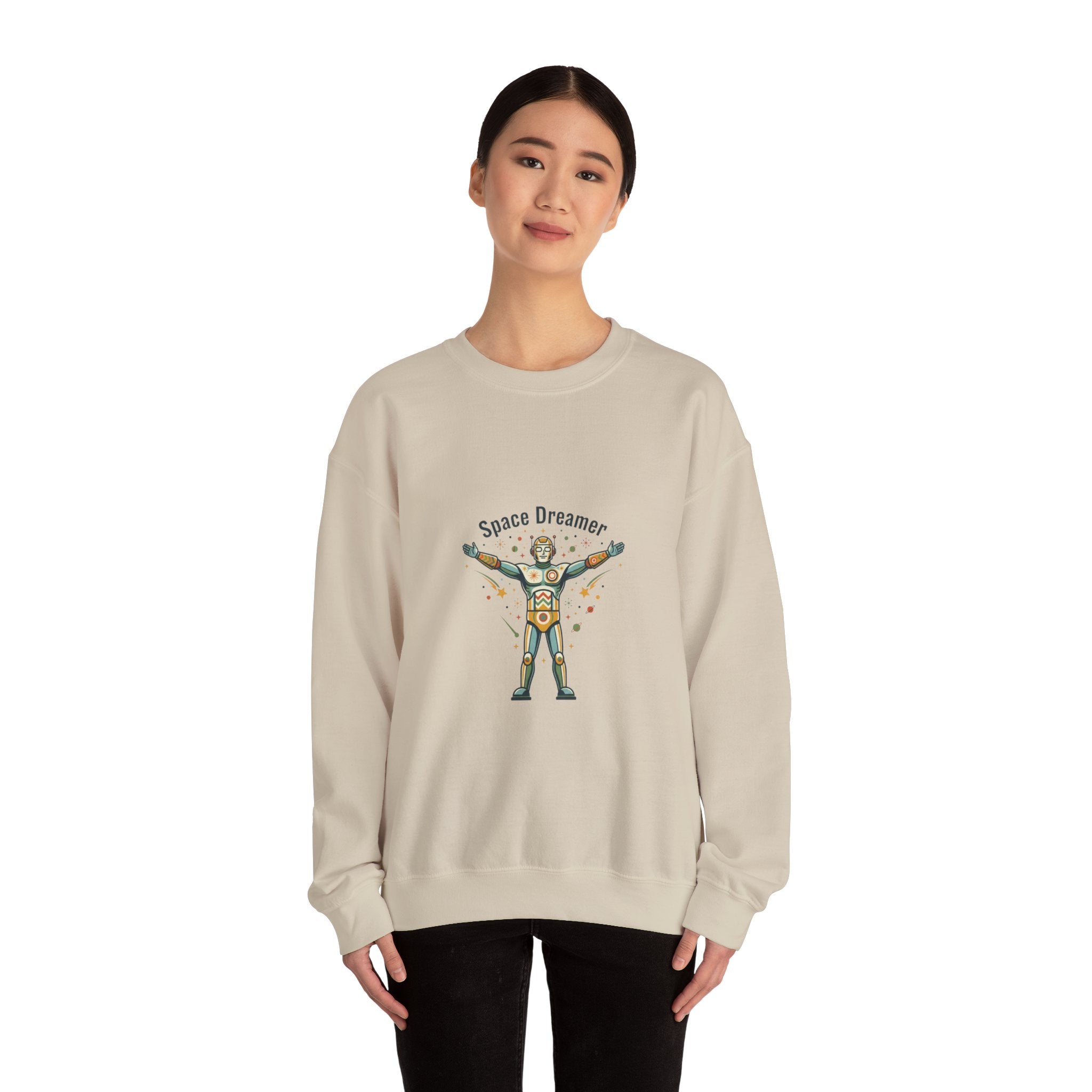Space Dreamer retro rocket graphic Crewneck | mid-century space art, starburst pattern